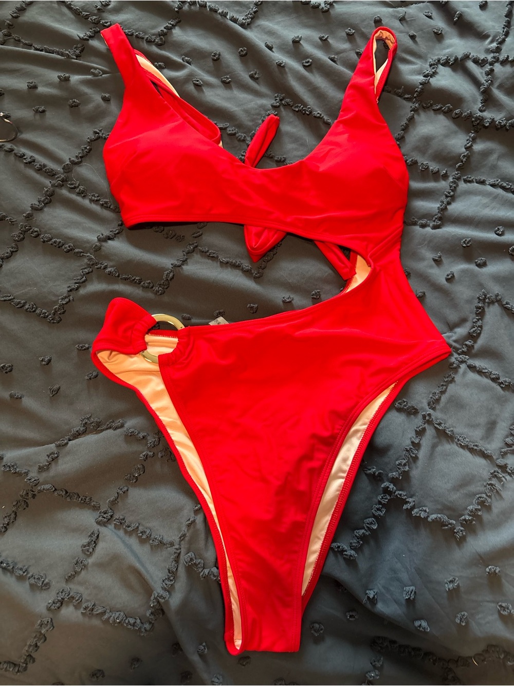 Women's Red Cutout One-Piece Swimsuit with Ring Accent